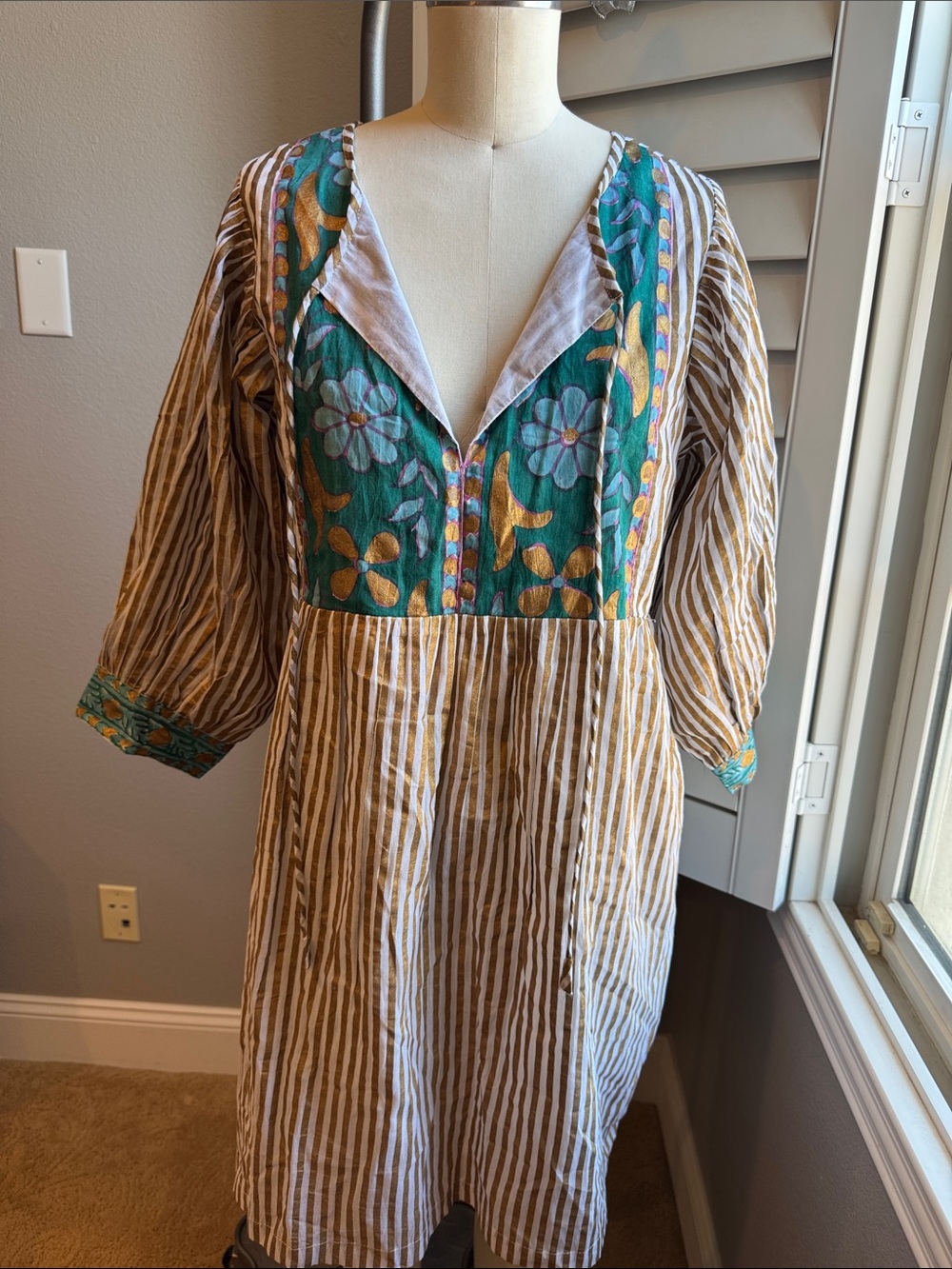 Oliphant Striped Tunic Dress with Teal Floral Yoke